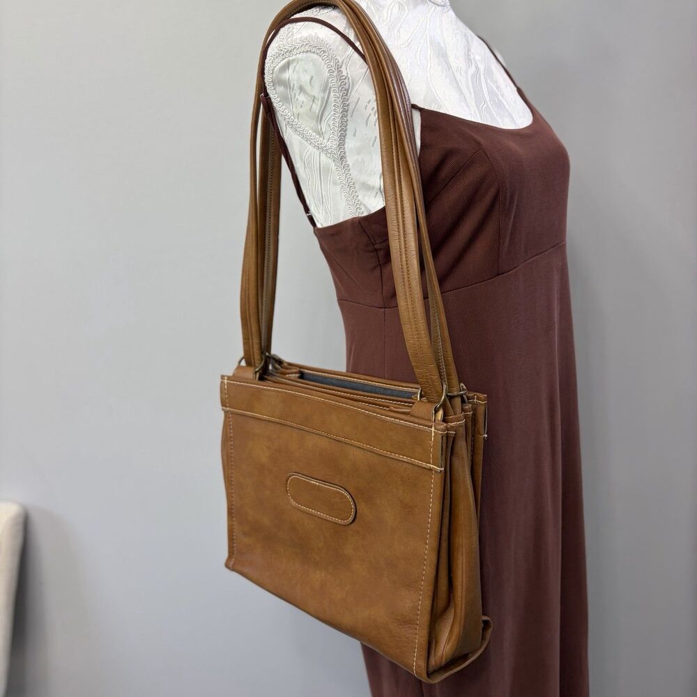 Vintage Cognac Tan  Accordion Shoulder Bag  Organizer Unbranded